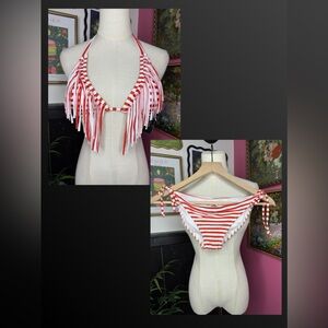 NWT Guess String Striped Print Bikini Set with Fringe Detailing Red & White XS
